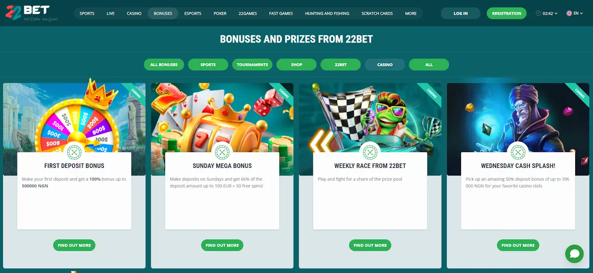 22Bet Casino Bonuses Screenshot